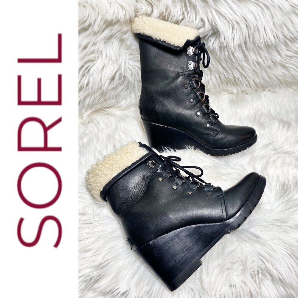 NWOT SOREL After Hours Lace-Up Shearling‎ Waterproof Wedge Boots Black, 9.5